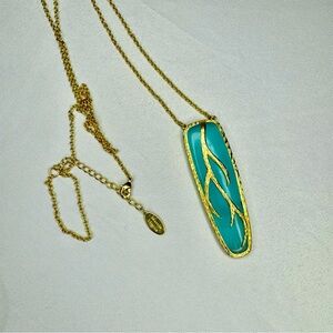 Marcia Moran Gold Chain Necklace with Blue Crystal Pendant Long Like New